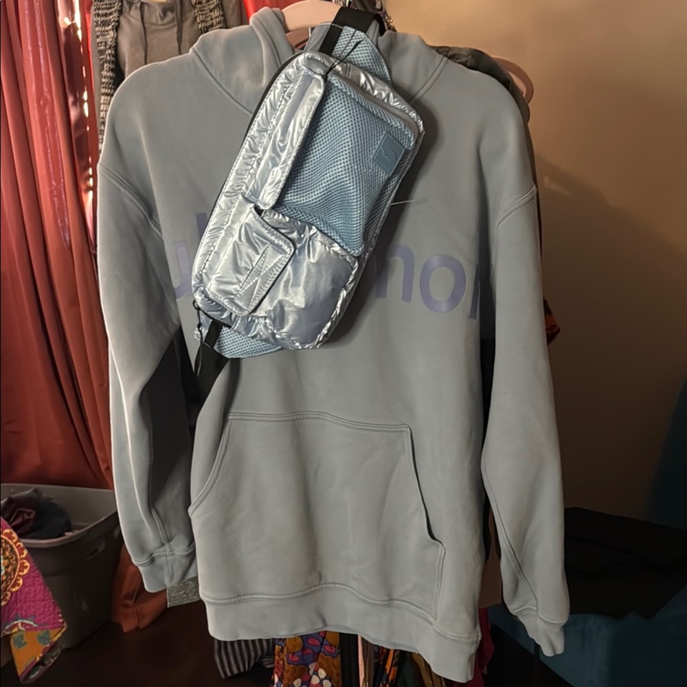 Lululemon Blue-Gray Hoodie with Pale Blue Anthro Crossbody Bag
